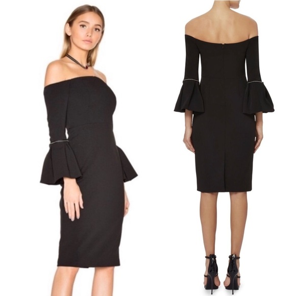 ALEXIS Off Shoulder Embroidered Trim Flared Bell Sleeve Crepe Sheath Dress XS - Picture 6 of 10